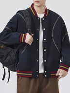 [Villa Le Water OBM] 2026 New American Street Color-Block Baseball Jacket Men'S Autumn Trendy Brand Design Embroidered Couple Coat Preppy Style Casual Top - Navy Color