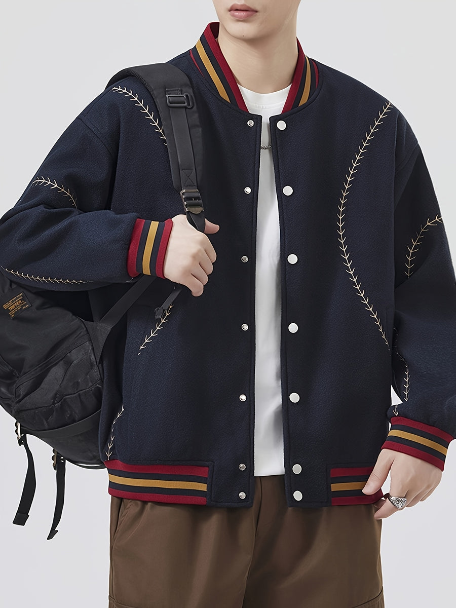 [Villa Le Water OBM] 2026 New American Street Color-Block Baseball Jacket Men'S Autumn Trendy Brand Design Embroidered Couple Coat Preppy Style Casual Top - Navy Color