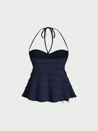 Niannian's Choice Solid Color Drawstring Halter Neck Backless Sexy Tank Top - Blue Navy