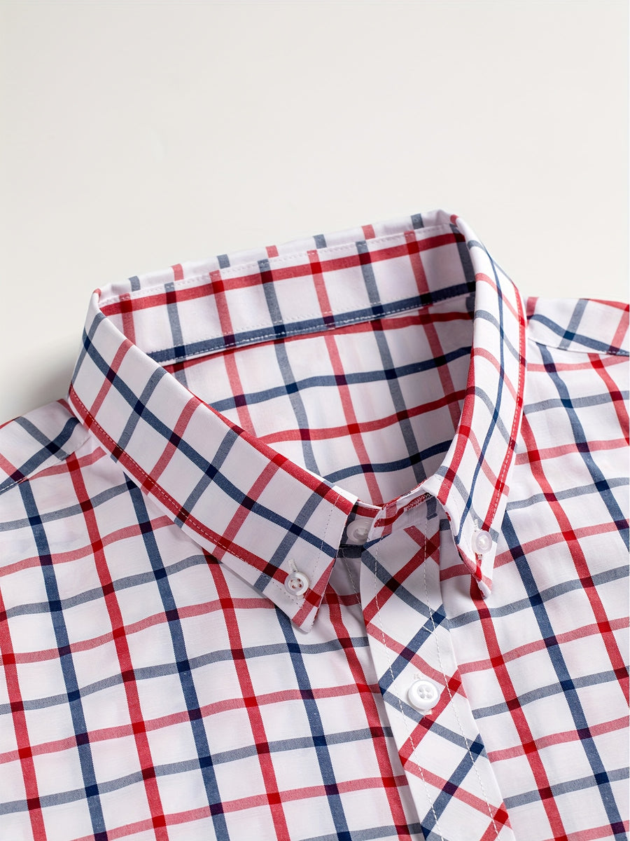Men's Dress Shirt - Classic Checkered Pattern, Classic Notch Lapel with Button Design, Machine Washable, All-Season Regular Fit Suitable for Casual and Formal Wear - Red And Blue Plaid