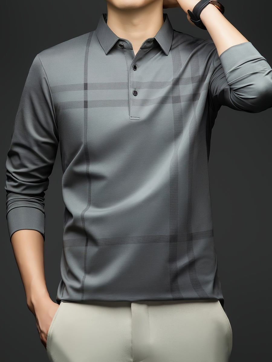 Men'S Striped Long Sleeve Shirt, Casual Commuter Versatile T-Shirt, Lapel Men'S Outdoor Athletic Wear, Easy Long Sleeve Lapel Business T-Shirt, Comfortable Breathable Middle-Aged Men'S Clothing - Bean Green