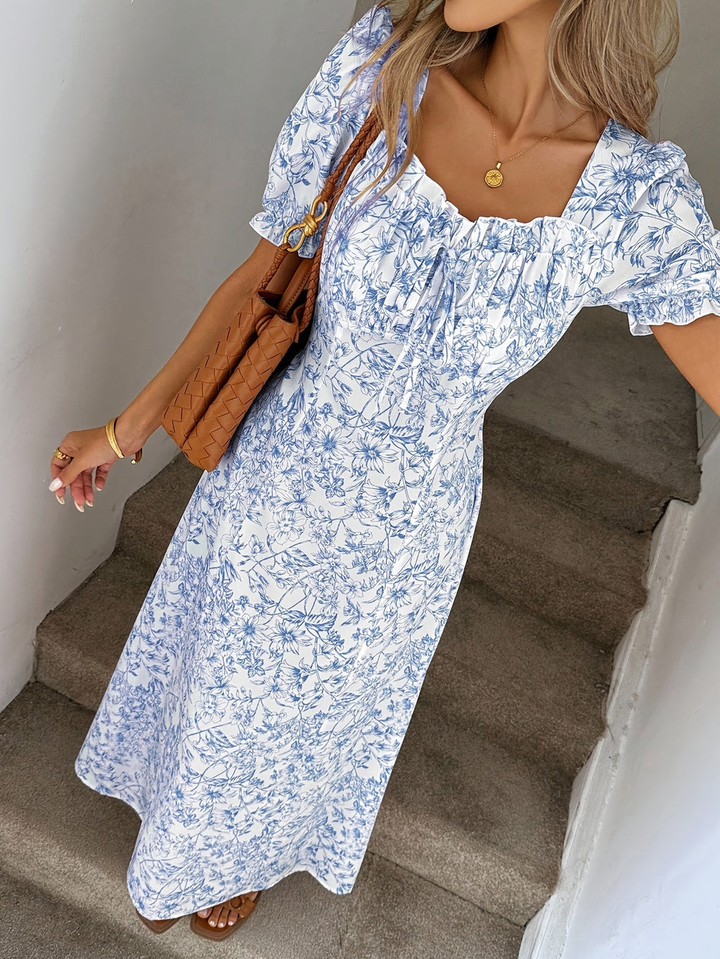 Small Floral Print Dress Long Square Neck Short Sleeve Princess Sleeve Back Ruched Bust Decoration Suitable for Beach Vacation Party Banquet Wedding Graduation Season Choir Travel Women'S Bridesmaid Dress - Azure
