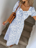 Small Floral Print Dress Long Square Neck Short Sleeve Princess Sleeve Back Ruched Bust Decoration Suitable for Beach Vacation Party Banquet Wedding Graduation Season Choir Travel Women'S Bridesmaid Dress - Azure