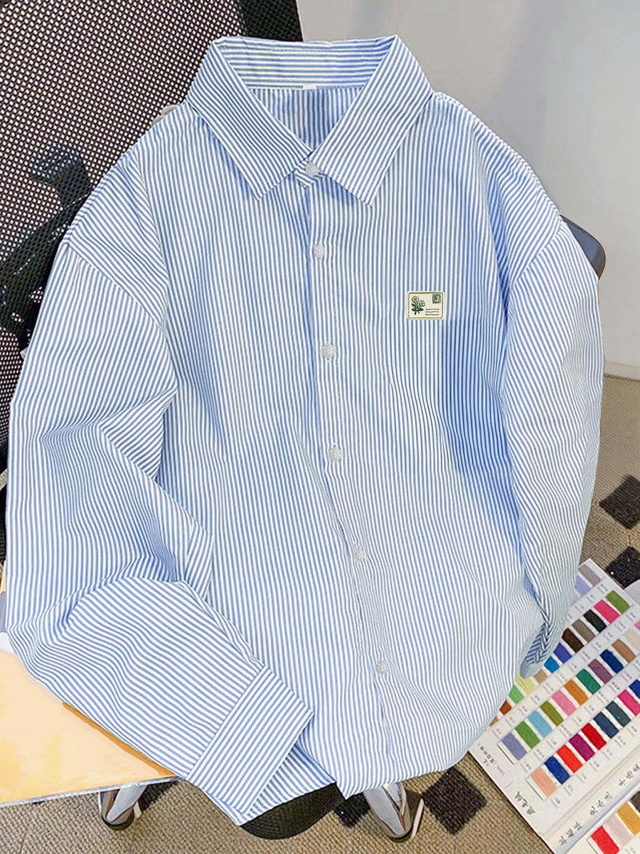 Early Spring Spring New Versatile Basic Multi-Color Optional Easy Fashion Niche Print Lapel Long Sleeve Casual Shirt - Sky Blue