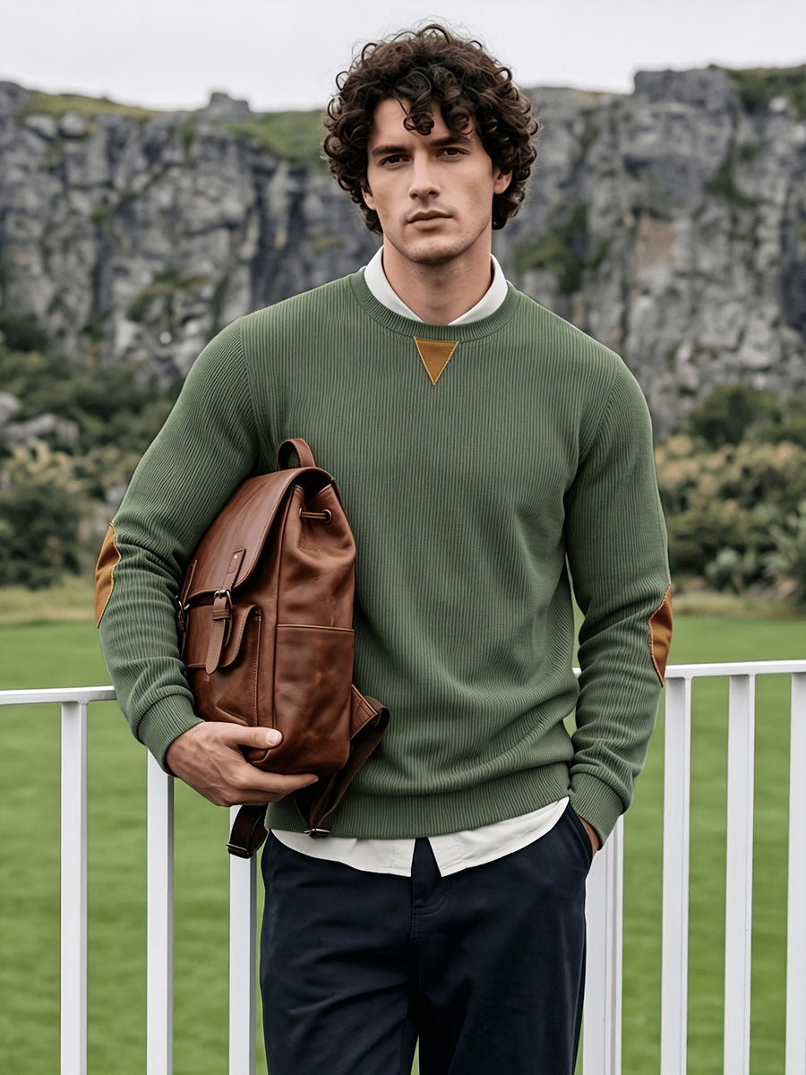 Men'S Corduroy Long-Sleeve Crew-Neck Pullover Leisure Work Outdoor Daily Wear Faux Collar Elbow Patches Design Loose Regular Fit Suitable for Spring, Autumn, And Winter Four Seasons Solid Color Minimalist Tone - Olive Green Color