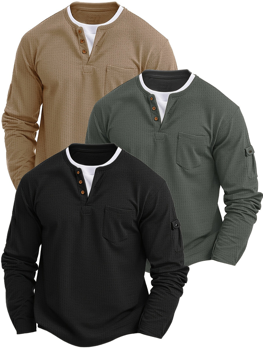 3pcs Men'S Spring Autumn New Waffle Check Fake Two-Piece Round Neck Long Sleeve Shirt Easy Armbag Design Fashion Trendy Convenient Daily Commuting Sports Fitness Wear - Black + Gray + Khaki