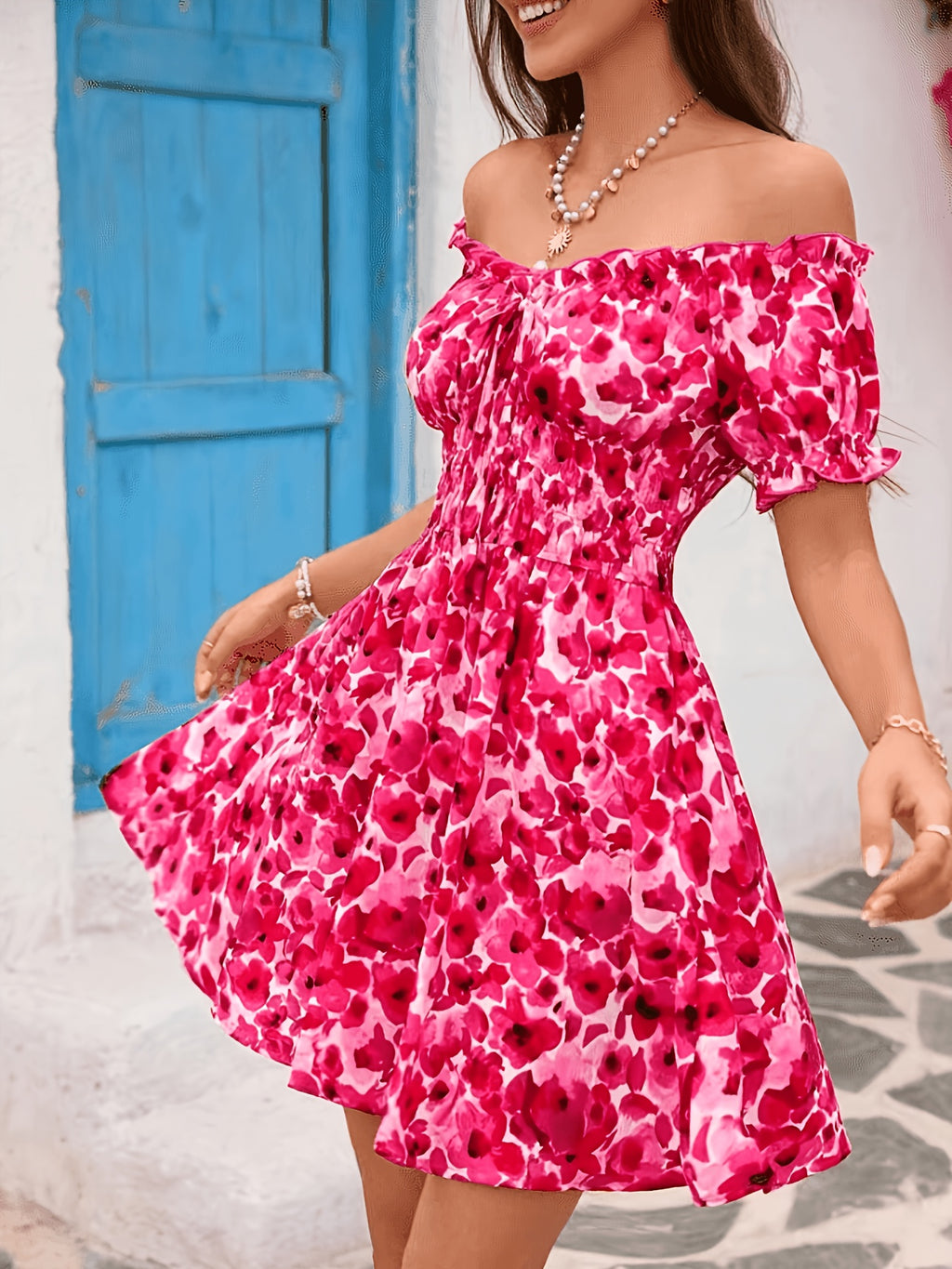 Women's Off-Shoulder/-Shoulder High-Waisted Beach Dress with Ruffle Hem - Bohemian Swim-to- Dress Suitable for Poolside, Vacation, Weddings, Machine Washable Fitted Dress - 【Multi Color】