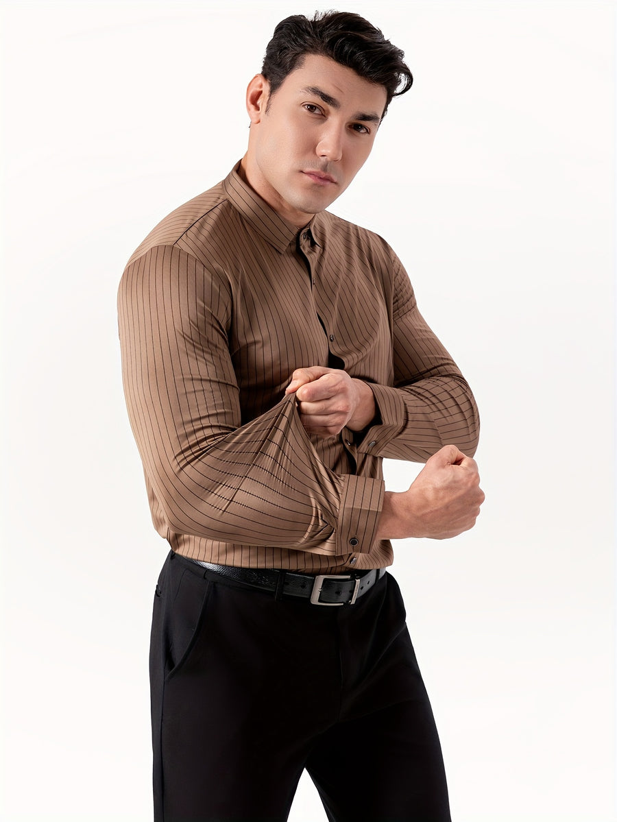 Seamless High-Elasticity Pressed Hem Wrinkle-Free Men's Long-Sleeve Striped Fashion Casual High-End Button-Up Cardigan Four-Way Stretch Men's Top, Fabric Weight 160g, Material 88% Polyester Fiber 12% Spandex - Coffee Strips