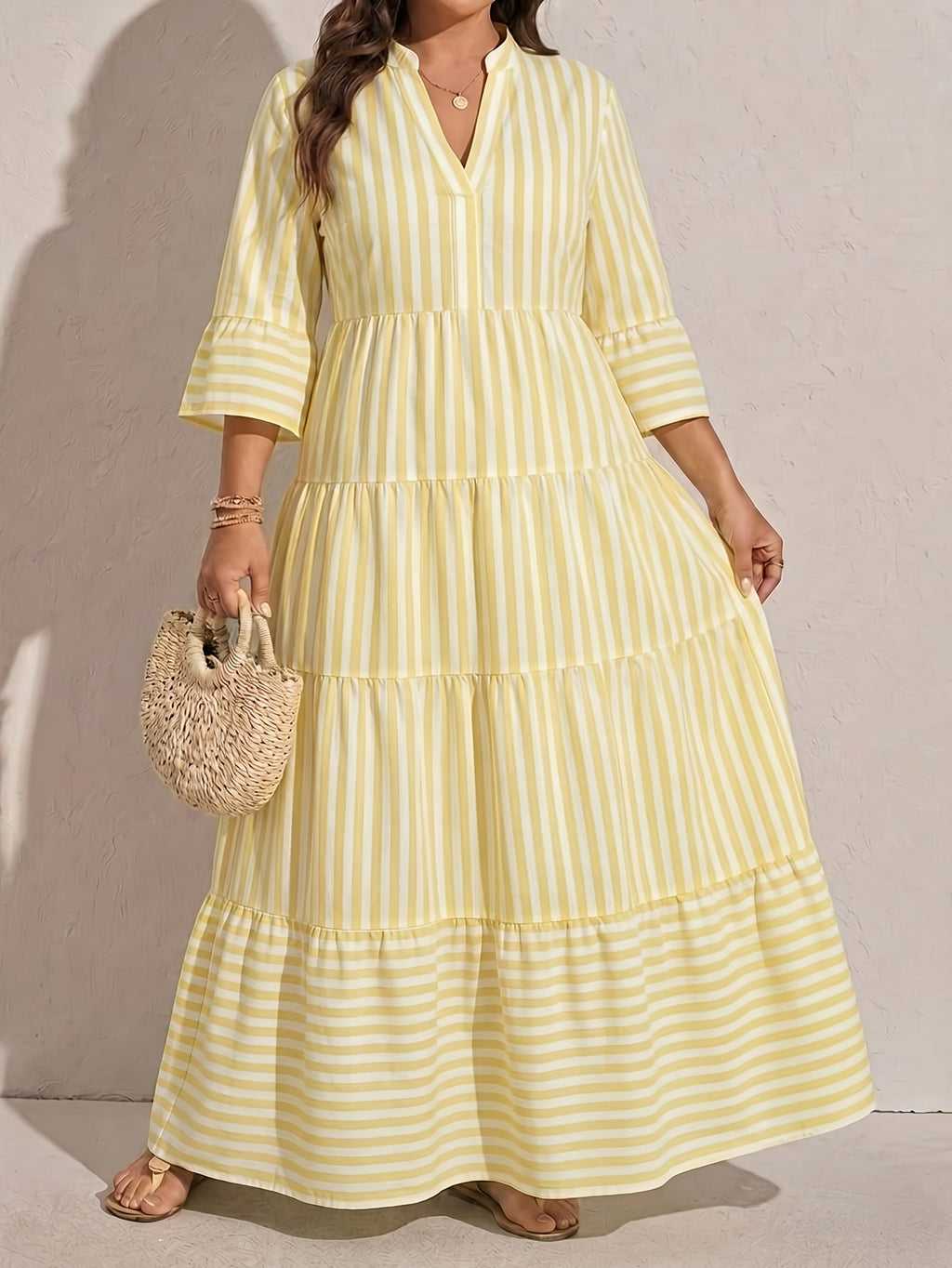 Plus Size Women'S Stand Collar V-Neck Layered Cake Dress, Yellow White Pinstripe Gentle Style Dress, Suitable for Vacation Outings, Fresh Casual Style, Fine Vertical Stripes Pattern, Women'S Clothing, Women'S Dress, Pastoral Vacation Style - Multicolor