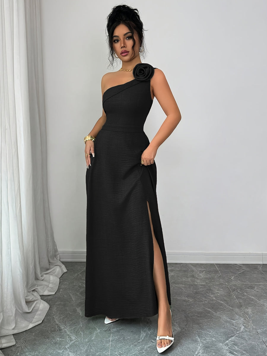 New Summer Women's Off-Shoulder Rose-Embellished Long Dress with Waist-Defining Slit, Elegant One-Shoulder Design, Mature Style for Dates and Banquets - Black