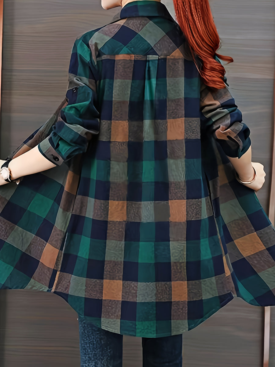 Spring and Autumn Fashion Long Plaid Shirt - Mixed colors
