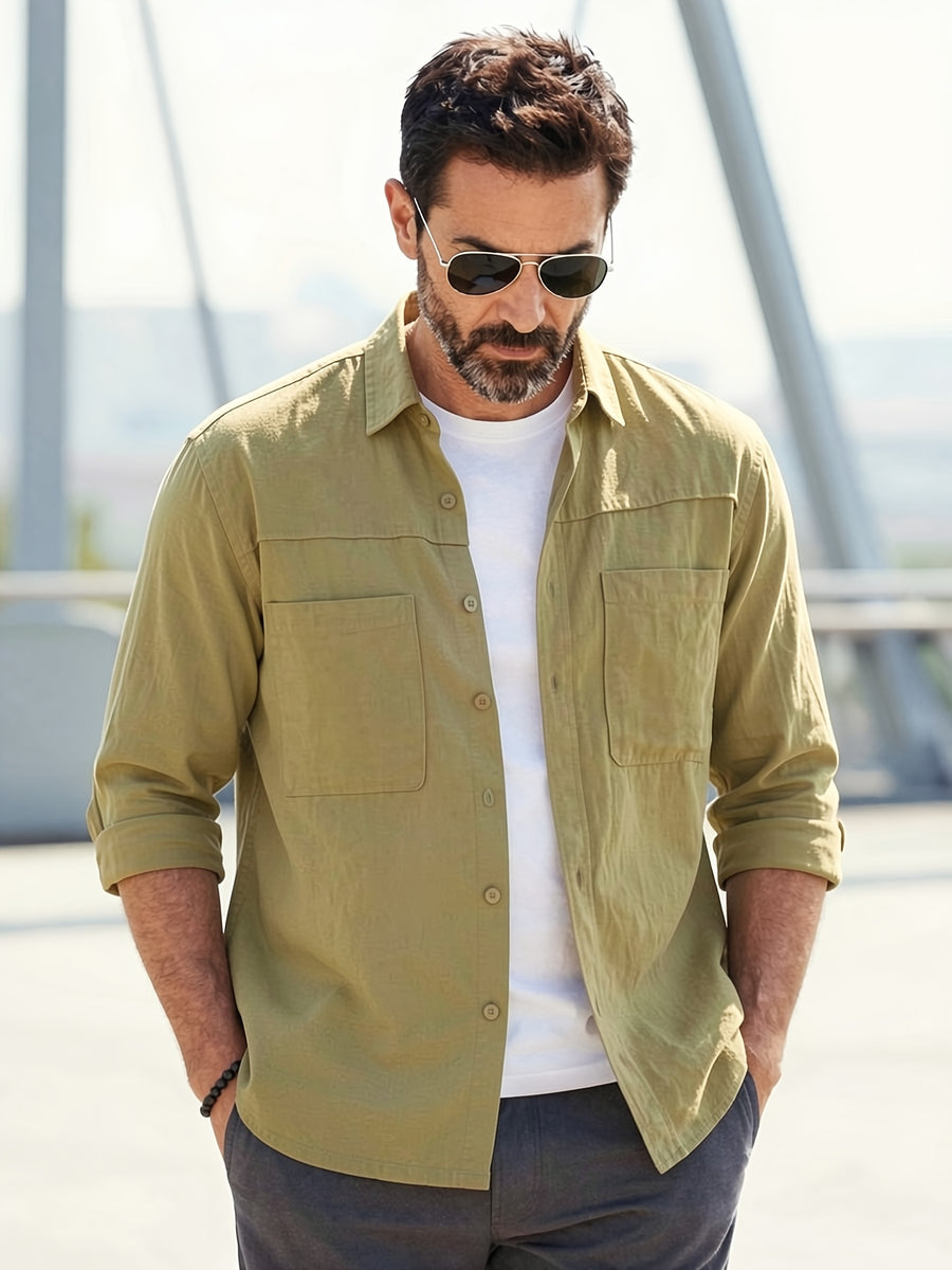 Men's Solid-color Work Shirt with Double Pockets, Lapel Long-sleeve Button-up Shirt, Loose Plus-size Casual Jacket Shirt, Loose-fit Basic Daily Top for Daily Wear and Outdoor Activities - Olive Green