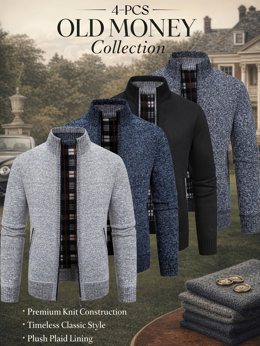 Men'S Cardigan Set from The Old Qian Brand with 4pcs — Made from Premium Knitted Material, Featuring a Classic Design That Is Warm, Fashionable, And Adaptable for Different Events - Dark Gray+Black+Blue+Light Gray