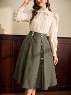 Vintage Elegant Women's A-Line Skirt, Loose Brown with Pockets, Double-Breasted, Casual Office Holiday Puff Skirt, Autumn Women's Clothing, Business Casual, Winter Women's Clothing, Autumn Skirt, Office Attire, Women's Autumn/Winter Wear, Country - Olive Green