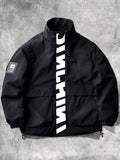 Men's Stand Collar Jacket with Letter Print, Fashionable and Versatile, Large Pocket Design, Suitable for Outdoor Activities, School, Daily Commute, All-Season Wear. XMJK093 - Black