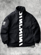Men's Stand Collar Jacket with Letter Print, Fashionable and Versatile, Large Pocket Design, Suitable for Outdoor Activities, School, Daily Commute, All-Season Wear. XMJK093 - Black