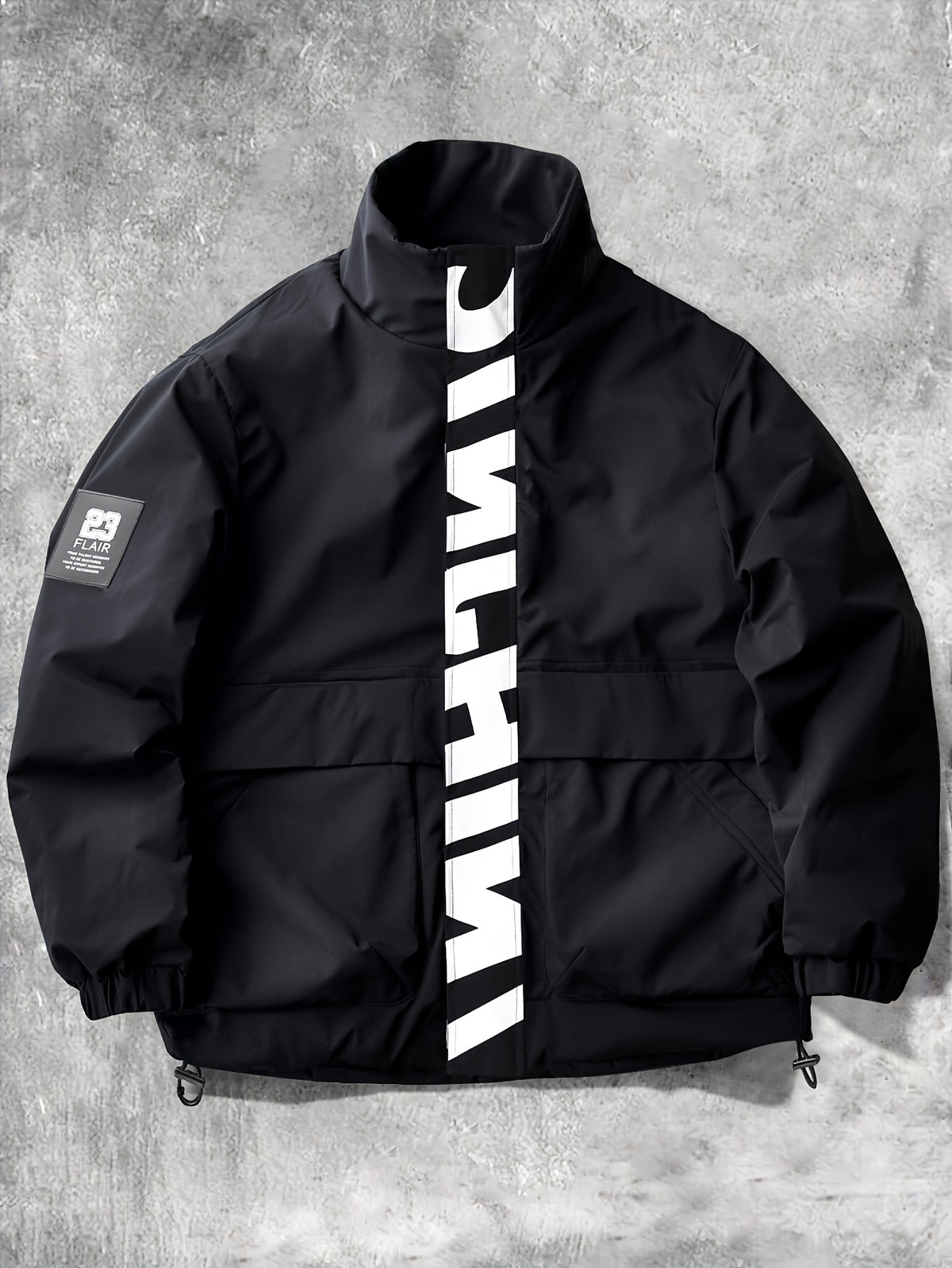 Men's Stand Collar Jacket with Letter Print, Fashionable and Versatile, Large Pocket Design, Suitable for Outdoor Activities, School, Daily Commute, All-Season Wear. XMJK093 - Black