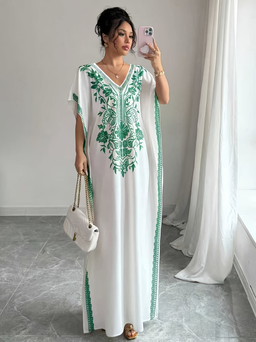 Women'S Summer Elegant Casual Robe, Floral Print V-Neck, Slit Long Dress - Green