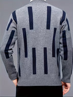 Men's Color-Block Vertical Stripe V-Neck Cardigan, Light Luxury Business Autumn/Winter Knitted Outerwear, Slim-Fit Long-Sleeve Sweater - Grey
