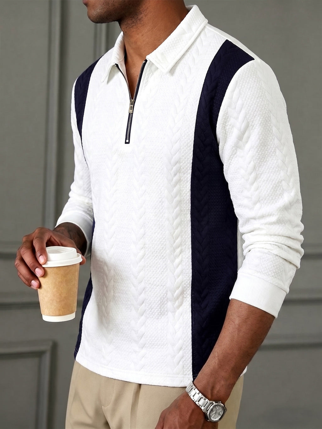 1 Men's Cable Knit Textured Color-Block Half-Zip Long Sleeve Polo Shirt, Color-Block Raglan Striped Patchwork Lapel Half-Zip Pullover Top, Spring/Autumn Regular Lapel Long Sleeve Polo Top, Suitable for Outdoor Leisure, Commuting, Dating - Natural White Navy Blue