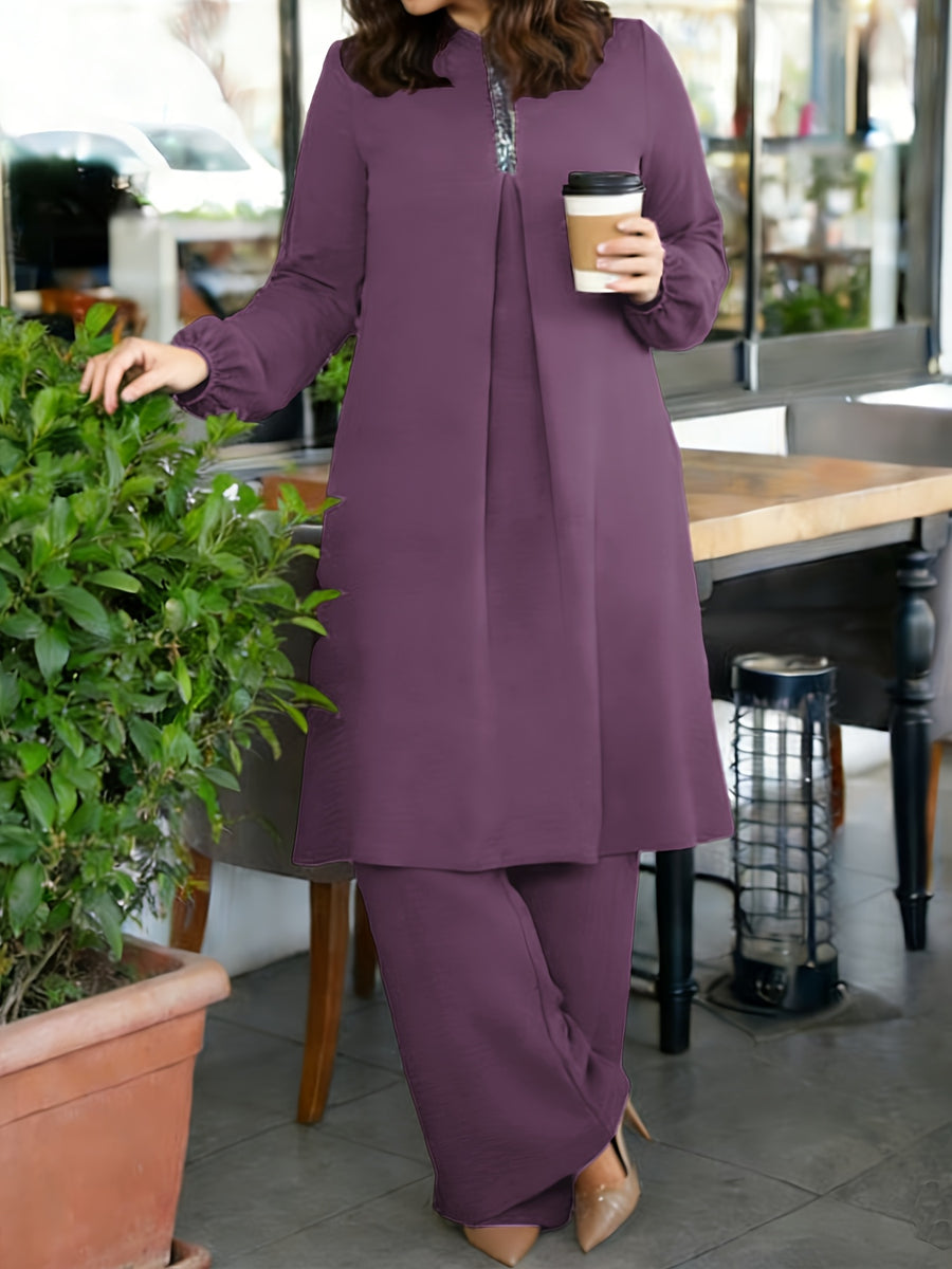 Eid | Plain Sequin Muslim Fall/Winter 2pcs Jilbab Set | Elegant Plain Sequin Abaya Women Modest Dress And Loose Wide-Leg Pants | Modest Outfit for Daily And Festive Wear - Violet