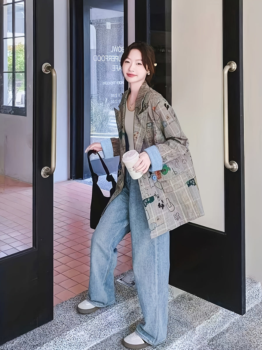Gray Checkered Suit Jacket Design-Driven Street Style Loose Casual Graffiti Print Blazer - Multicolor