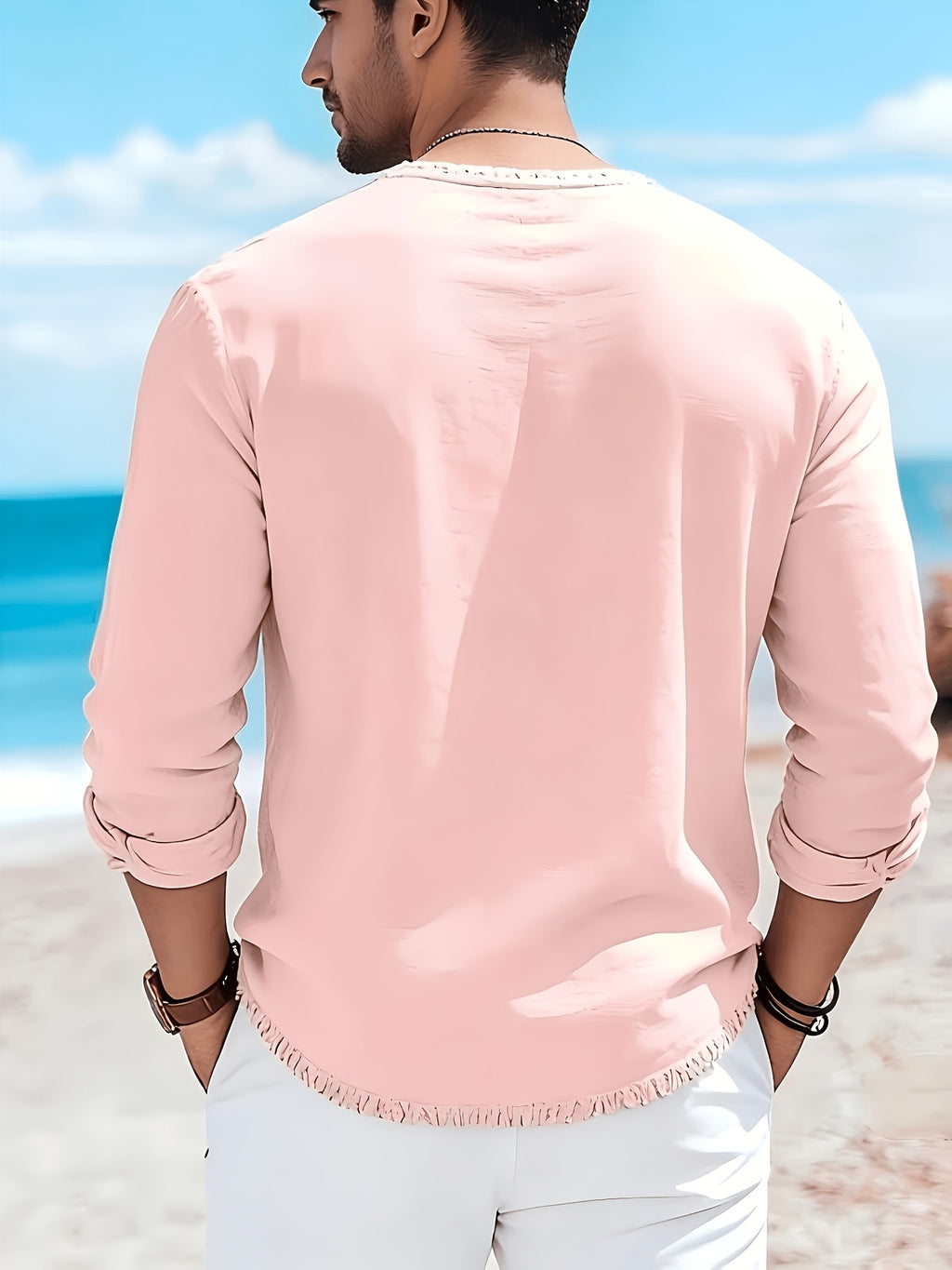 European and American Cross-Border Fashion Men's Washed Long-Sleeve Shirt - Pink Color