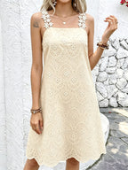 French Hollow Embroidery Square-Neck Sleeveless Dress, with Lace Shoulder Strap Design, Loose A-Line Vacation Midi Dress, Niannian Women'S Wear - Apricot