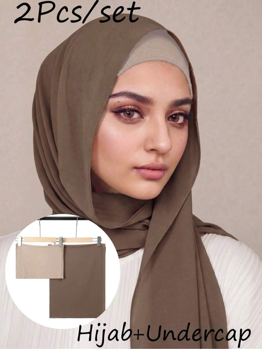 2pcs/Set FONSAF Women' Chiffon & Tube Cap - Solid Color Muslim Headscarf with Jersey Inner Cap, Breathable Chiffon Suitable for Prayer, Work, Daily Wear, Conservative for All Seasons, Suitable for Work, Commute, Outing, Party - Apricot