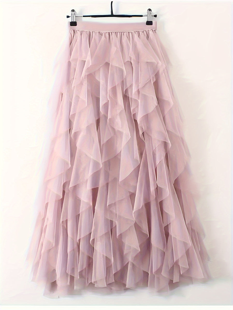 Chic Elegance, Elegant High-Waist A-Line Tulle Skirt for Women - Chic Korean-Style Spring Collection, Sheer Brown Polyester with Delicate Mesh Layers, Perfect for Summer Skirt - Pale Pinkish Gray