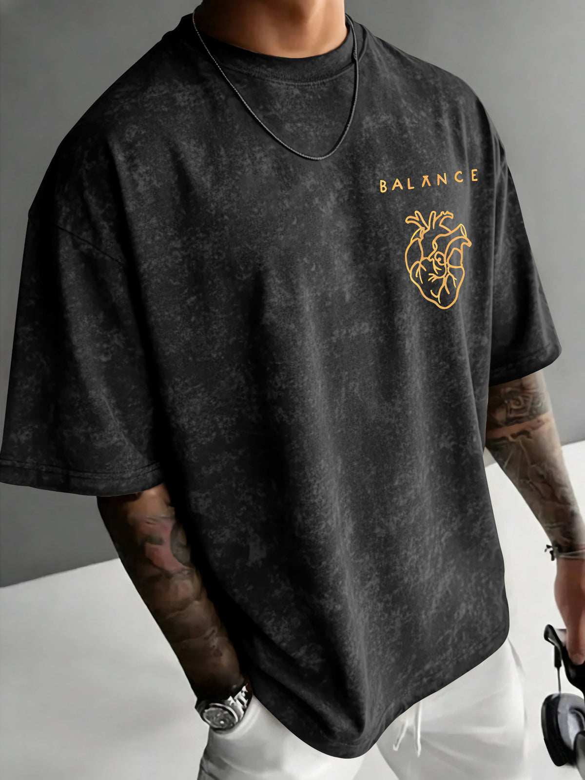 Men'S Distressed BALANCE Balance Print T-Shirt, Regular Casual Round Neck Short Sleeve, Minimalist Niche Trendy Top - Black