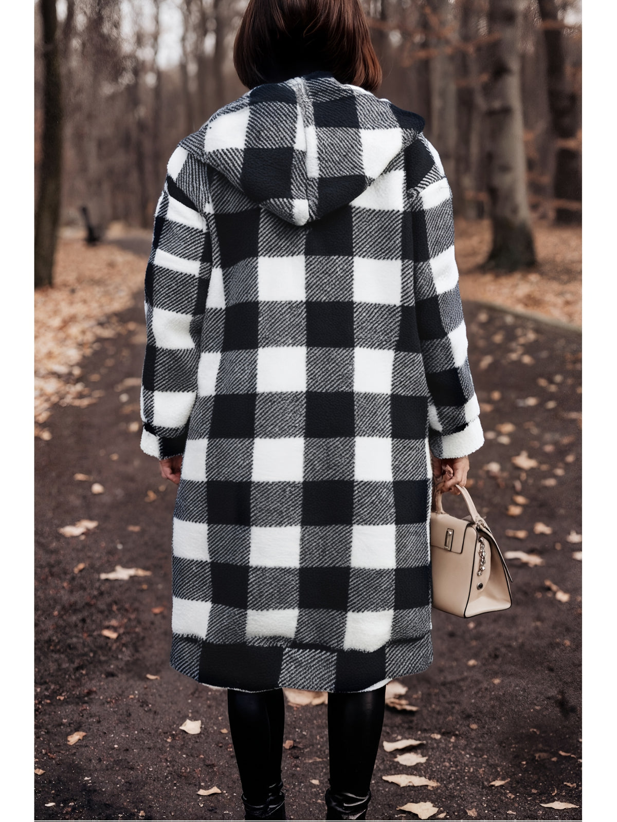 Winter Women's Hooded Cardigan, Two-Tone Plaid, Mid-Length, Thickened Warm Pea Coat - Mixed colors