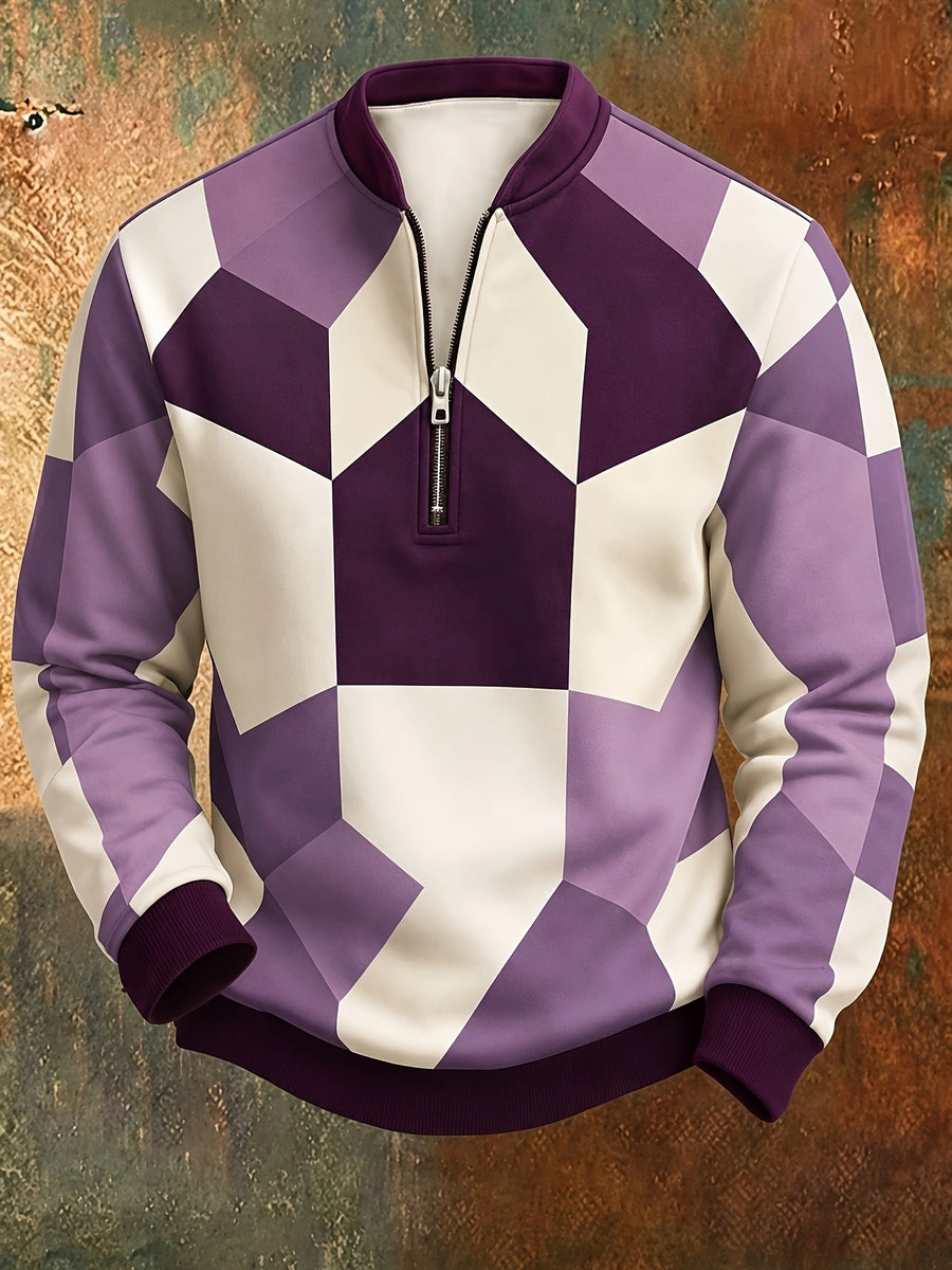 [Print Design - Not Textured] Men'S Retro Geometric Color-Block Digital Print Half-Zip Stand Collar Sweatshirt, Spring/Autumn Loose Casual Top, Daily Commute Outdoor Wear - Mixed Color 8