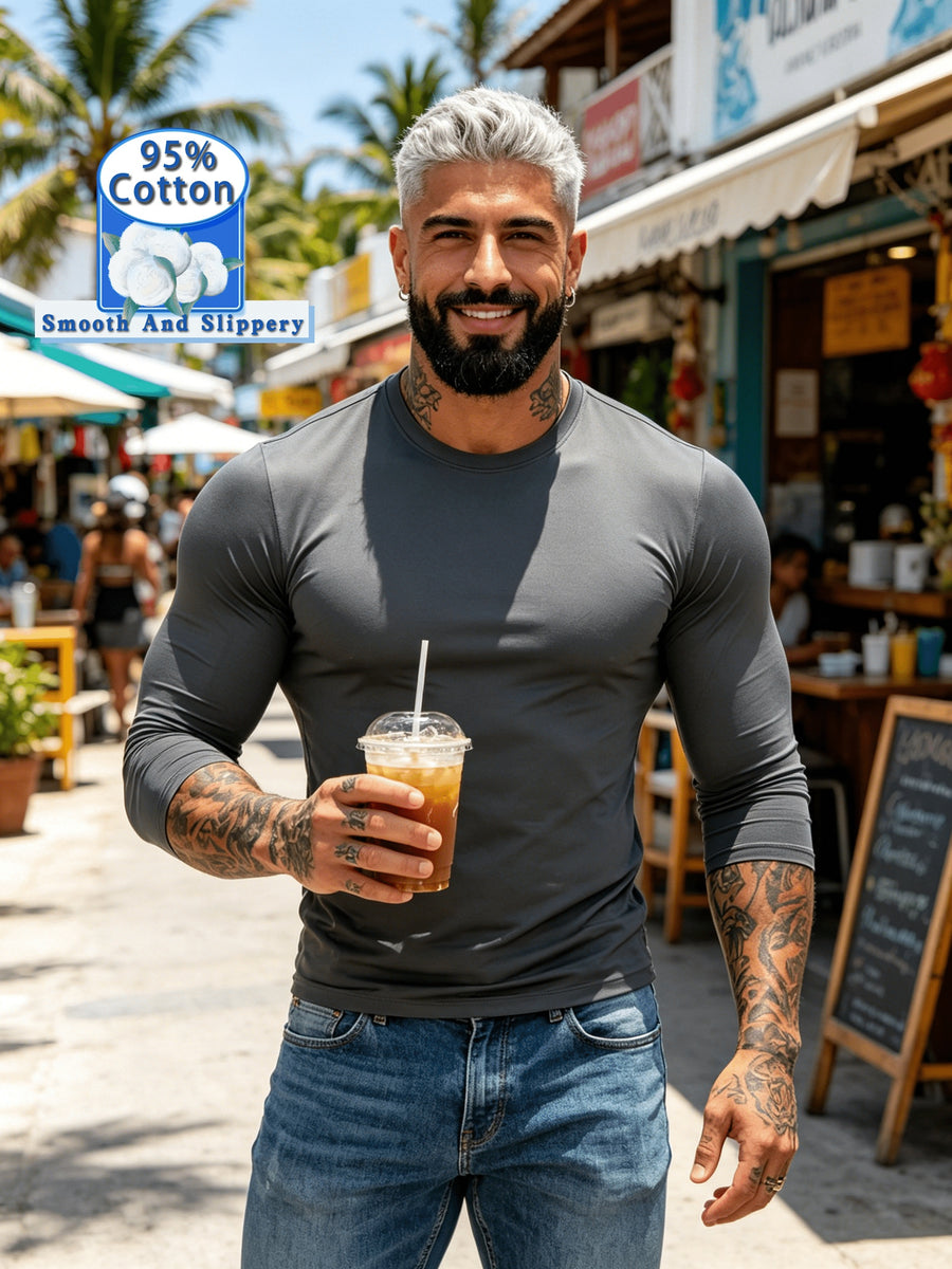 New Spring/Summer Men's Top, Fashionable Sporty Cotton Crew Neck Long Sleeve, Casual and Comfortable, Lightweight Summer Outerwear, Trendy Style - Grey