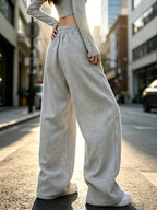 Spring And Autumn Drapey Loose Wide-Leg Athletic Pants for Women, Elastic Waist Drawstring High-Waist with Pockets, Easy All-Match Jogger Pants - Grey