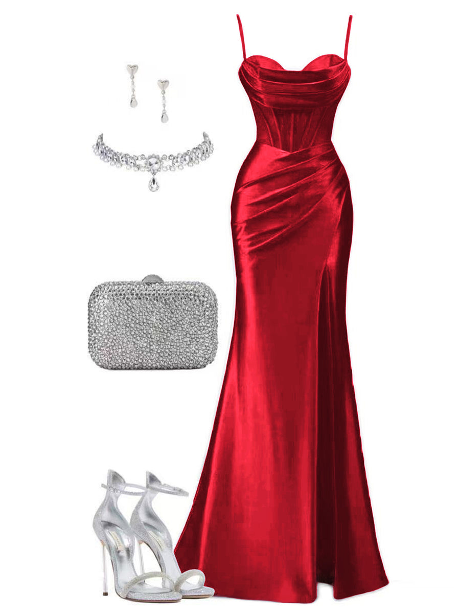 Women's Solid Color Satin Slip Dress with High Slit, Back Tie Waist, Cinched Fit, Pleated Details, and Hip-Hugging Design, Elegant for New Year's, Valentine's Day, Parties, Graduations, Weddings, and Bridesmaid Attire - Red