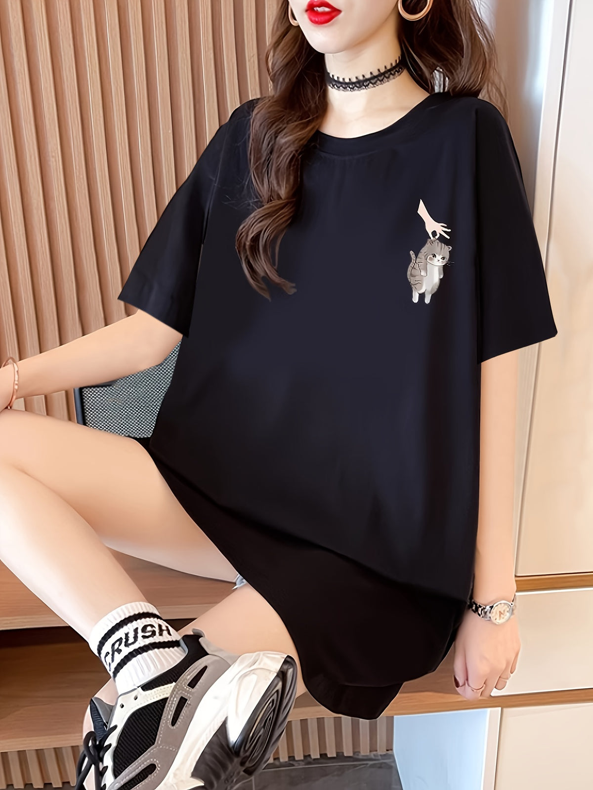Women's Short Sleeve T-Shirt with Front and Back Print, Pure - Black