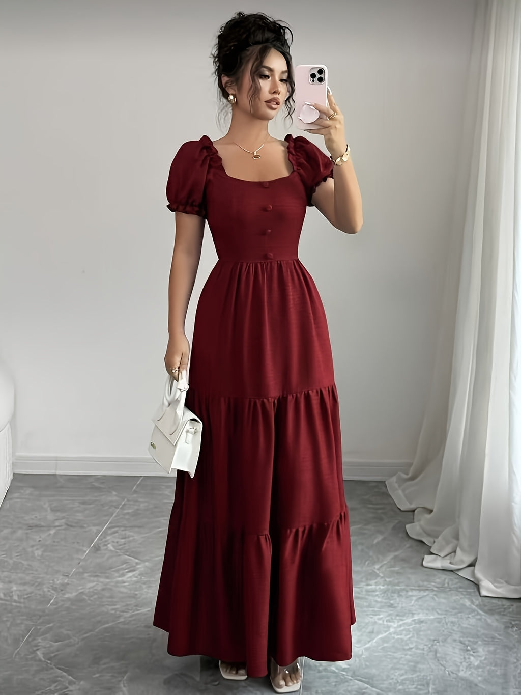 Elegant Daily Casual Women's Long Dress with Unique Neckline, Multi-Layer Patchwork, Ruffle Trim, Slim-Fit Bohemian Style Maxi Dress - Burgundy