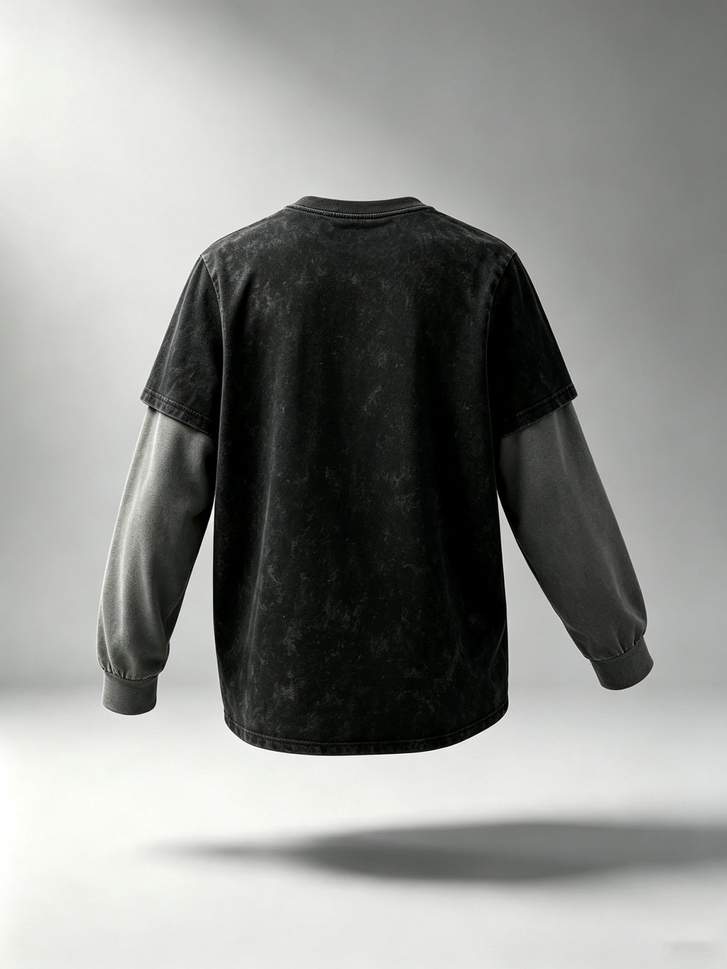 Men'S Faux Two-Piece Long Sleeve T-Shirt, Vintage Washed Easy Design Statement Print Contrast Gray Sleeve Top, American Street Loose Casual Long Sleeve T-Shirt - Black