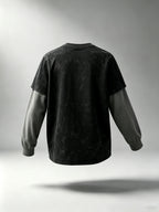 Men'S Faux Two-Piece Long Sleeve T-Shirt, Vintage Washed Easy Design Statement Print Contrast Gray Sleeve Top, American Street Loose Casual Long Sleeve T-Shirt - Black