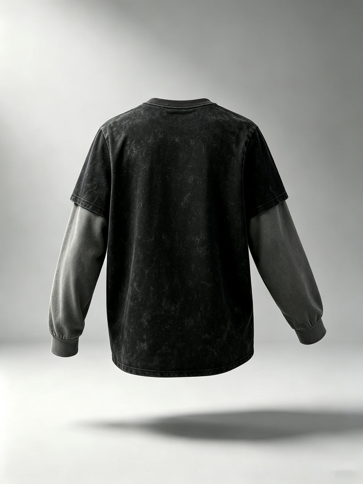 Men'S Faux Two-Piece Long Sleeve T-Shirt, Vintage Washed Easy Design Statement Print Contrast Gray Sleeve Top, American Street Loose Casual Long Sleeve T-Shirt - Black