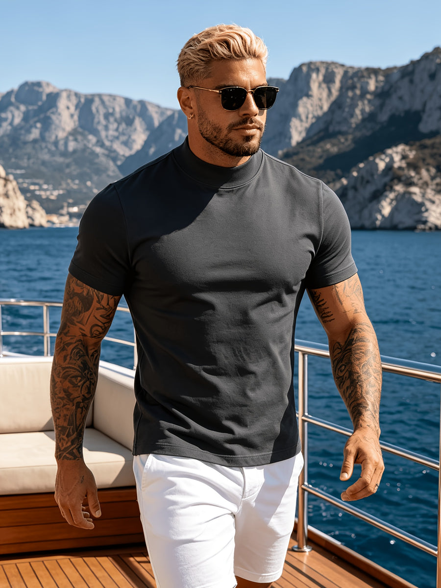 2pcs Spring/Summer New Arrival Men's Tops, Fashionable Sporty Mid-High Neck Short Sleeve Outerwear, Casual, Comfortable, Lightweight, Skin-Friendly, Trendy, Versatile, Refreshing, and Durable - Mix color 5