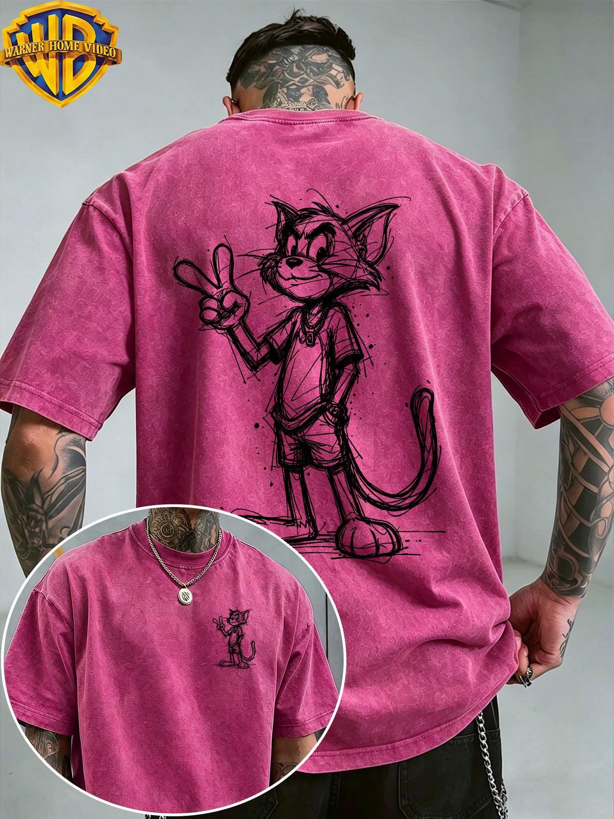 Warner Bros. Official License, Classic Cartoon Character Trendy V-Sign Hand-Drawn Line Print, American Retro Washed Distressed T-Shirt, Unisex, Machine Washable, Suitable for Daily Commute And Outdoor Wear - Rose Red