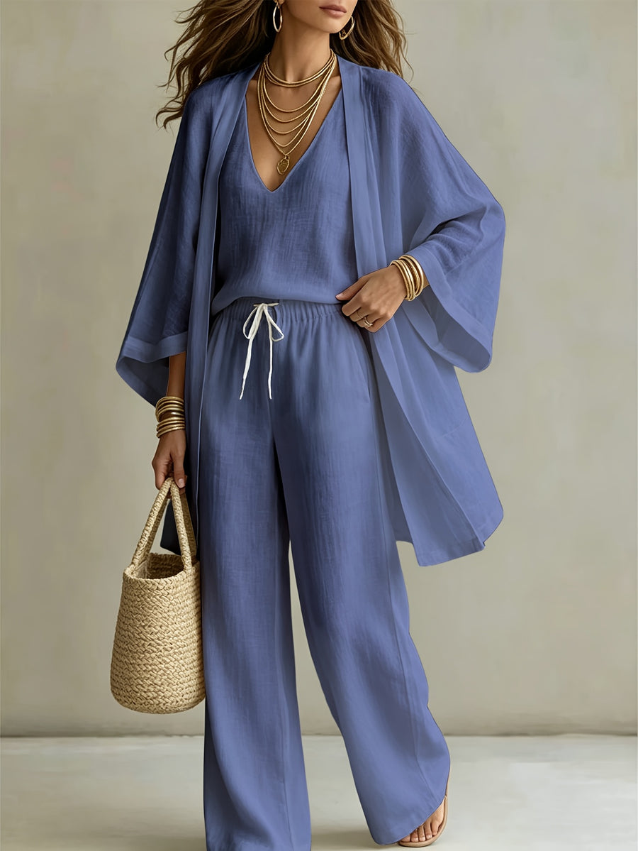 3pcs Set, Women's Spring/summer Vacation-style Loose Spaghetti Strap Tank Top with Cardigan and Loose Wide-leg Pants Casual Set, Elegant and Fashionable, Comfortable and Casual, Suitable for Commuting Wear - Fog Blue