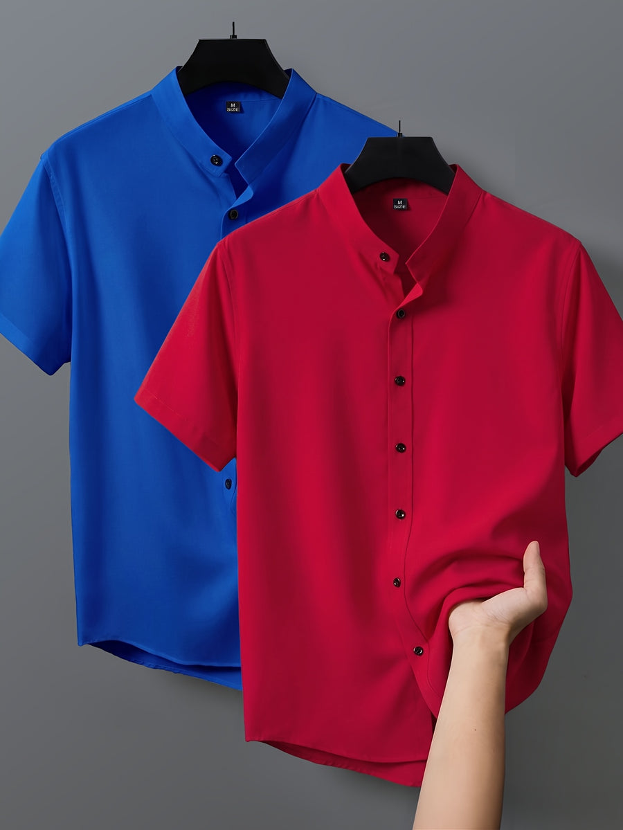 2pcs Men's Short-Sleeve Shirts, Henley/Stand-Up Collar Design, Summer Casual Outerwear - 11