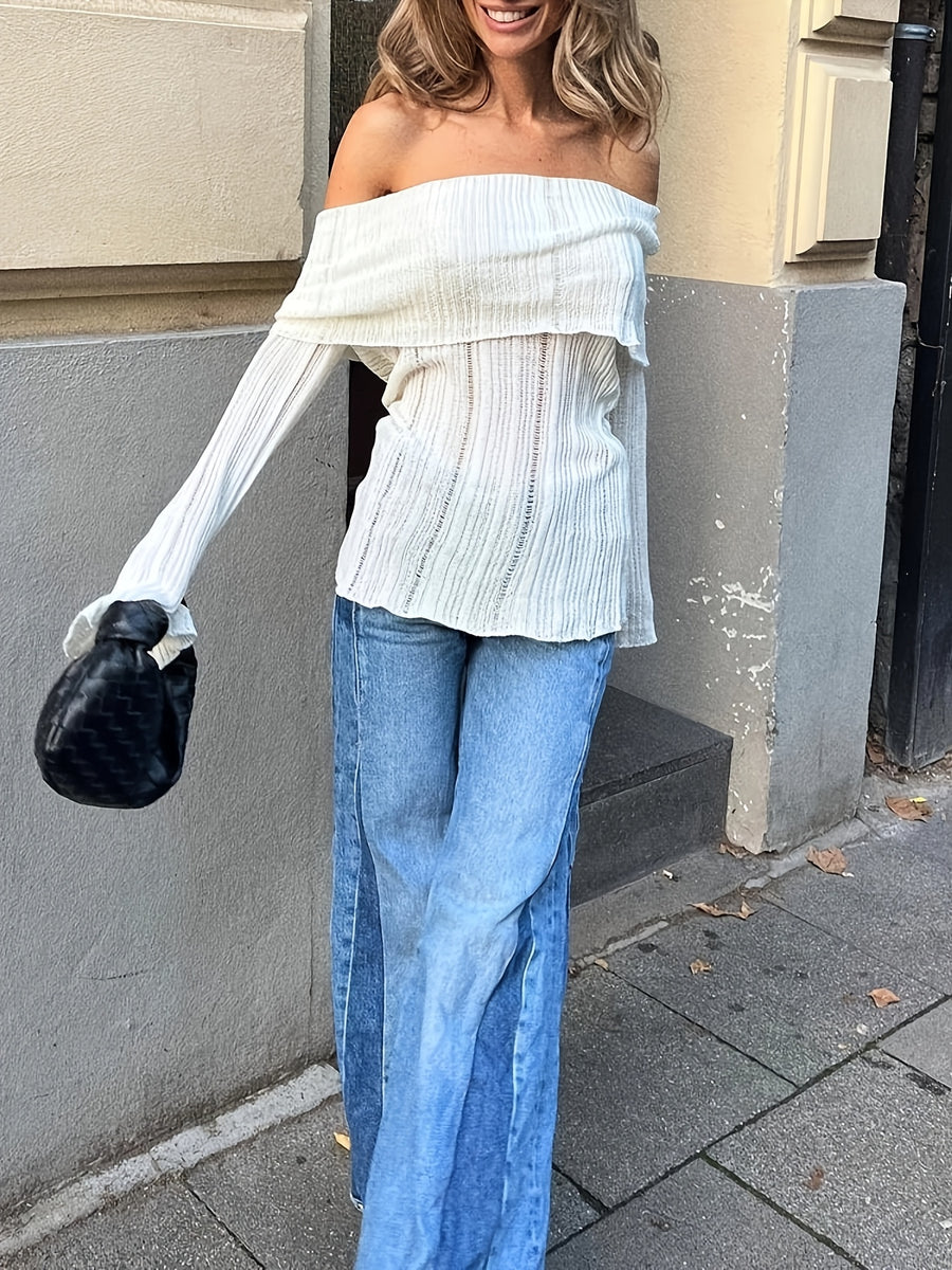 New Summer Women's Elegant and Fashionable Off-the-Shoulder Flared Sleeve Slim-Fit Short European and American Style Long Sleeve Dress - White