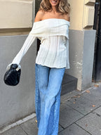 New Summer Women's Elegant and Fashionable Off-the-Shoulder Flared Sleeve Slim-Fit Short European and American Style Long Sleeve Dress - White