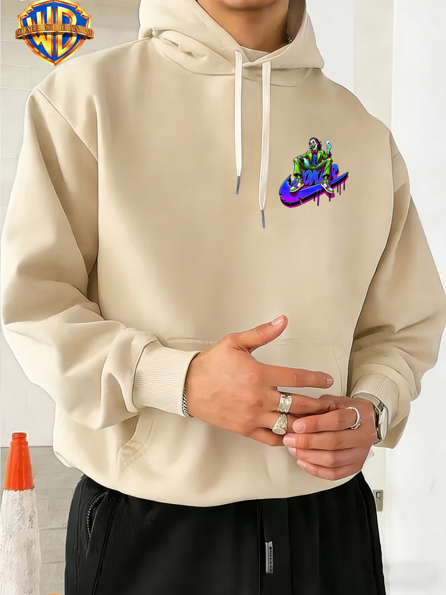 Warner Bros. Licensed, Purple Blue Neon Fluid Droplet Green Suit Bow Tie Licensed Clown Trendy Cool Print Men'S Fashion Hooded Sweatshirt, Sleeve Print Design, Kangaroo Pocket, Drawstring Hood, Suitable for Casual Wear And Outdoor Activities - Apricot