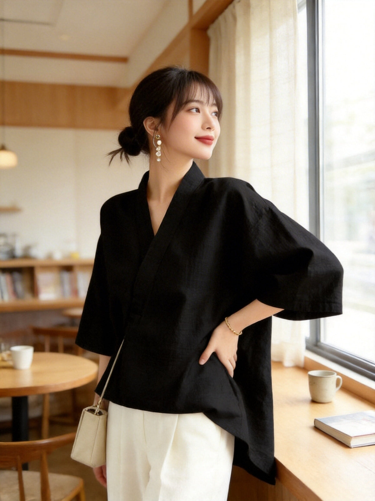 Women'S Cross V-Neck 3/4 Sleeve Kimono Top - Black