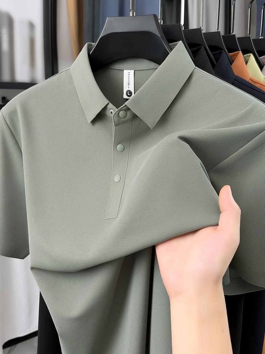 SaXing OBM New Spring/Summer Men's Polo Shirt, Old Money Style Textured Waffle Knit Solid Color Contrast Seamless Half-Placket Single-Breasted Lapel Short-Sleeve T-Shirt, Men's Fashionable Versatile Pullover Base Layer Top with Split Hem Design - Green
